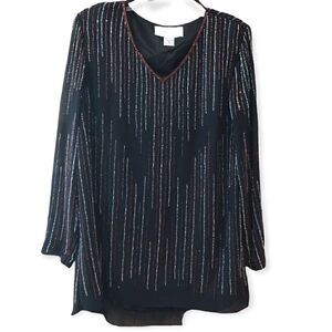 EY Boutique Sz M Black Beaded Evening Mini Vintage Sparkle Relaxed Fit Dresss